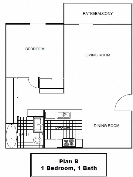 Floor plan for 1 bed, 1 bath, 668 sqft